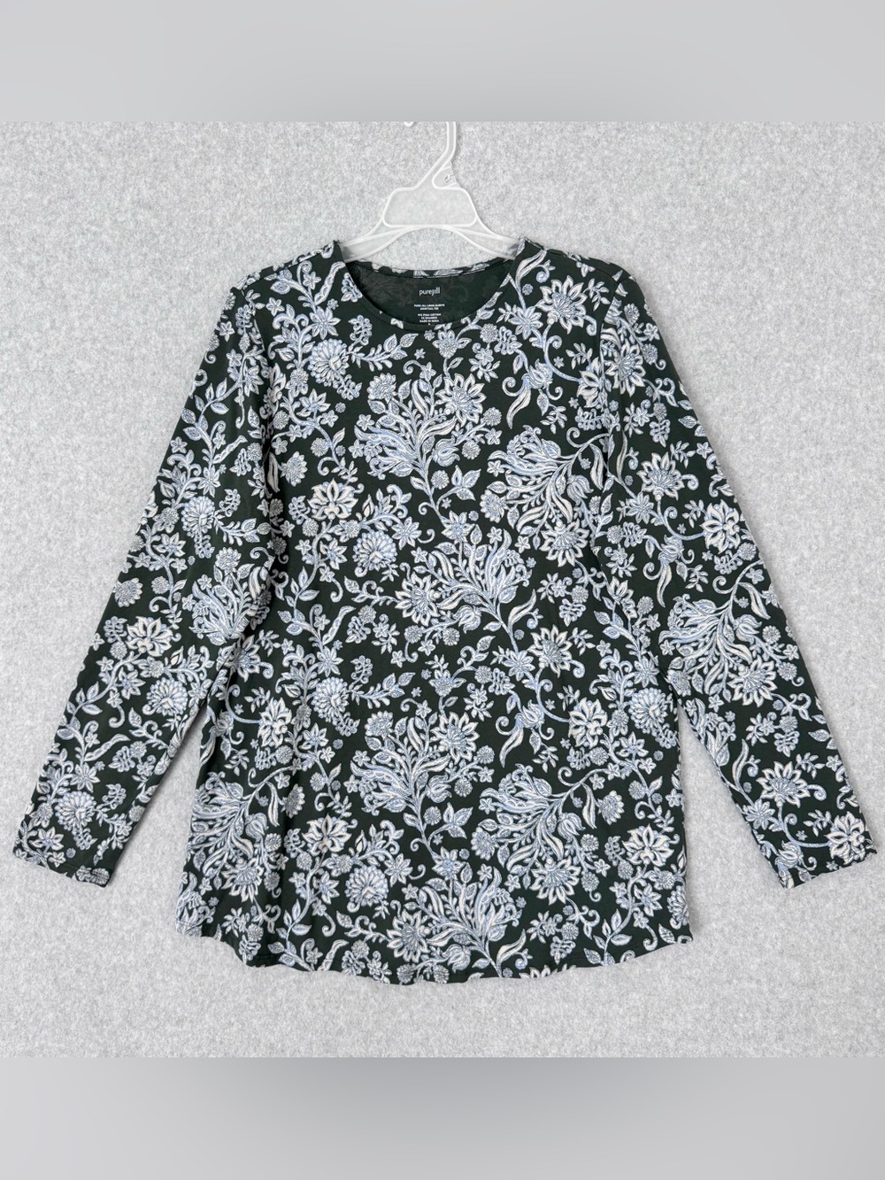 J. Jill Pure Jill Long Sleeve Shirttail Tee Green Floral Top Size Medium Tall